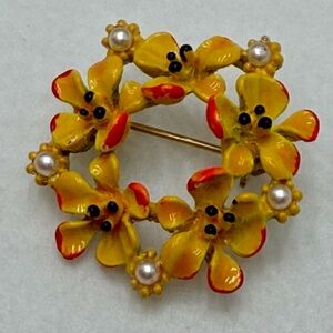 Vintage ART signed  Yellow and Red Floral Brooch